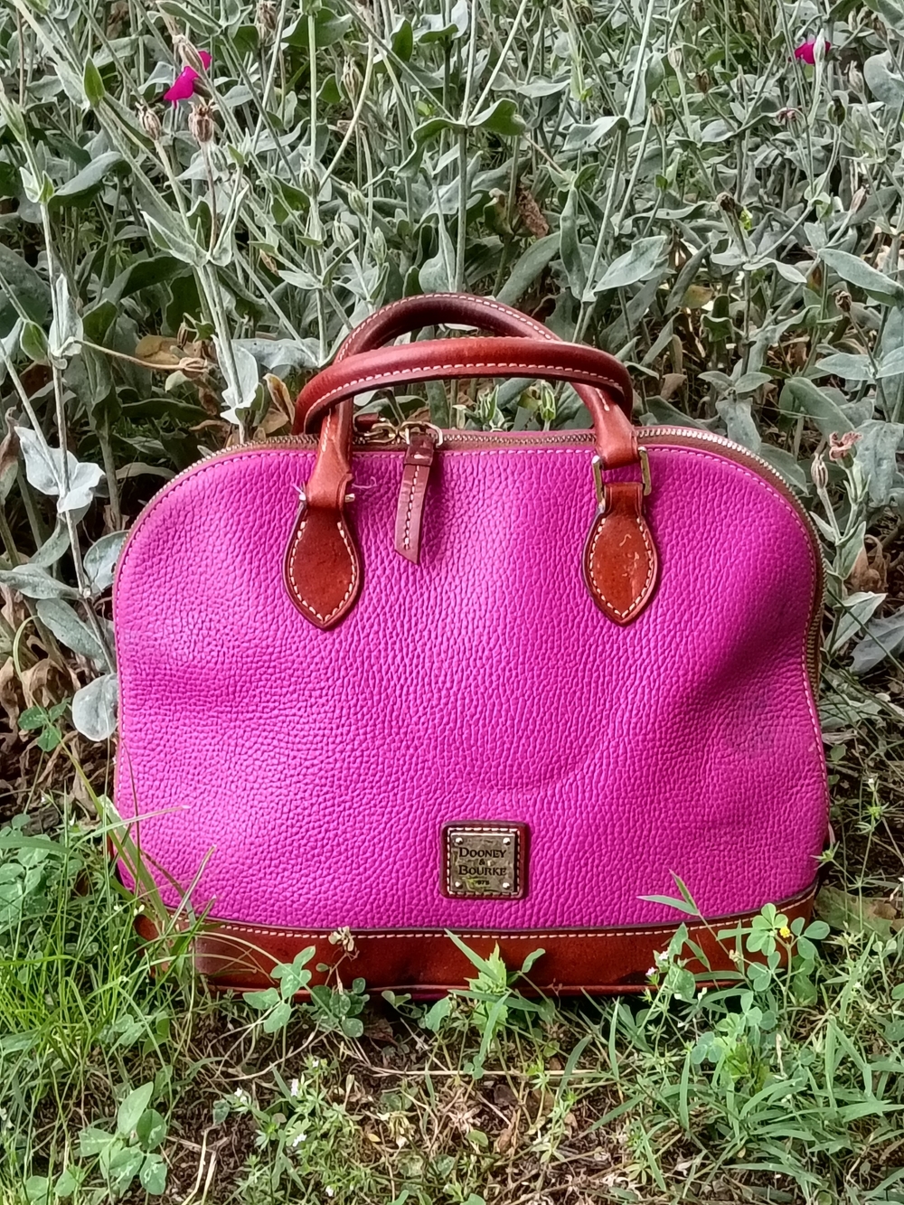 Dooney & Bourke Hot Pink Pebble Leather Satchel with Brown Trim